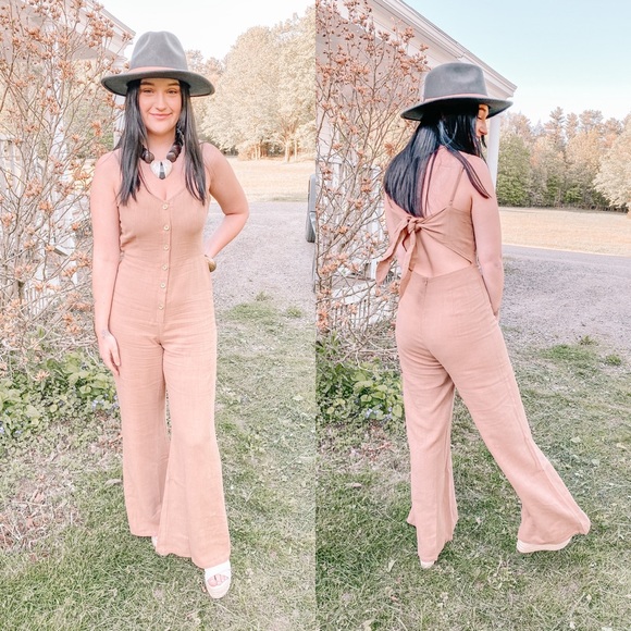 change of season Pants - POGUE Jumpsuit tie-back flare linen natural coffee